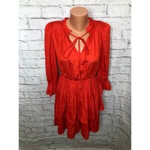 Joie Smocked Tiered Ruffle Mini Dress Orange Tie Neck 3/4 Sleeves Size Small